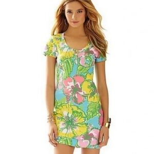 Lilly Pulitzer Shorely Blue Hibiscus Flower Britton Dress XS
